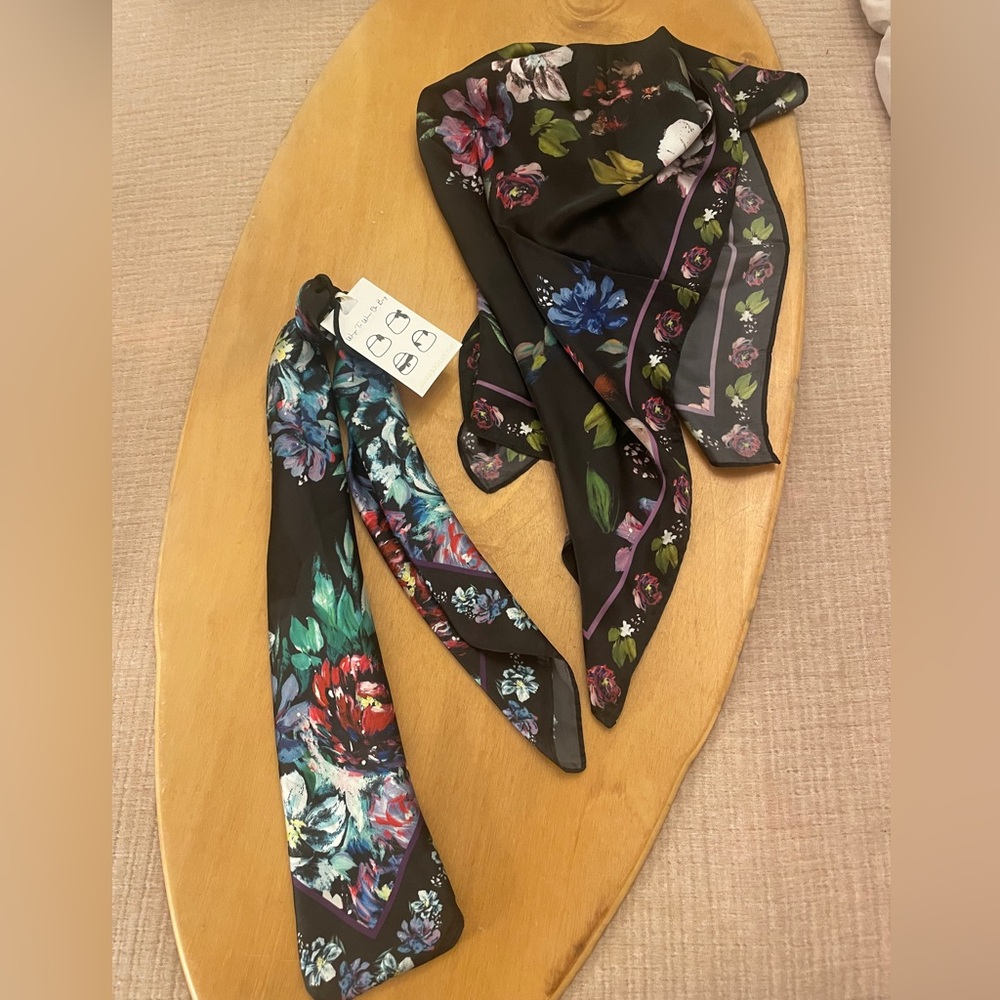 Anthropologie Black Floral Satin‎ Neck Scarves - Set of 2. NWT